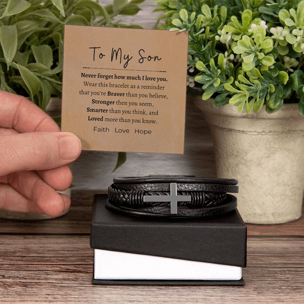Never forget how much I love you, my son; Cross bracelet