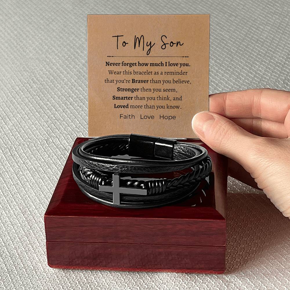 Never forget how much I love you, my son; Cross bracelet