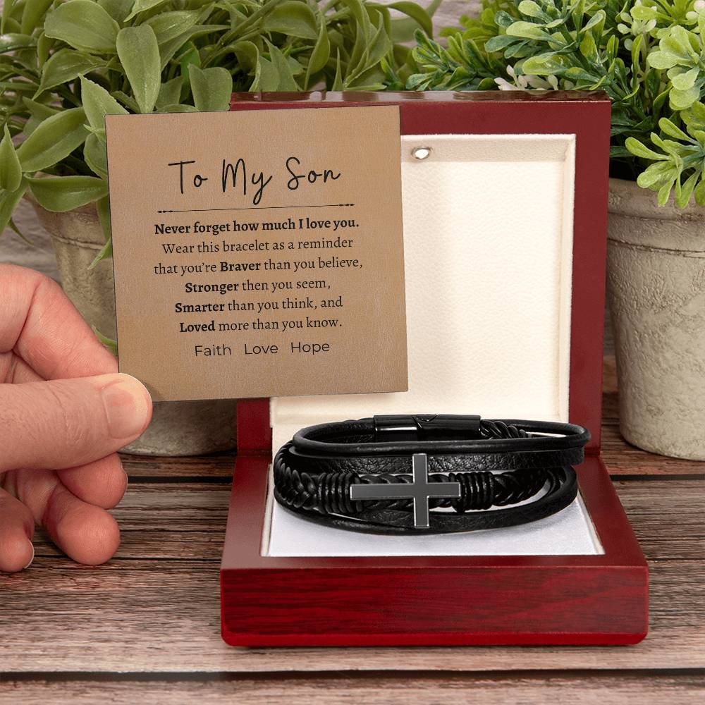 Never forget how much I love you, my son; Cross bracelet