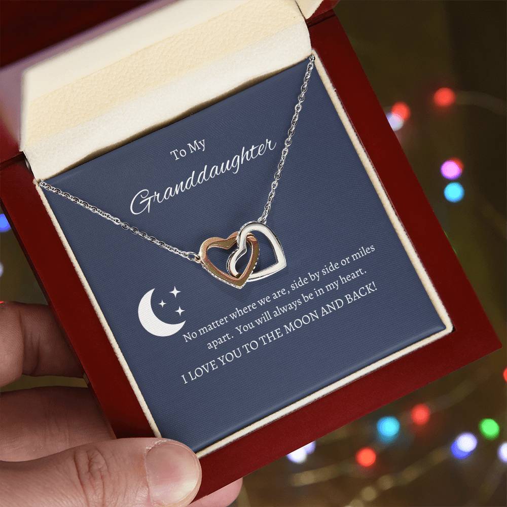 Granddaughter, love you to the moon and back; Interlocking hearts necklace